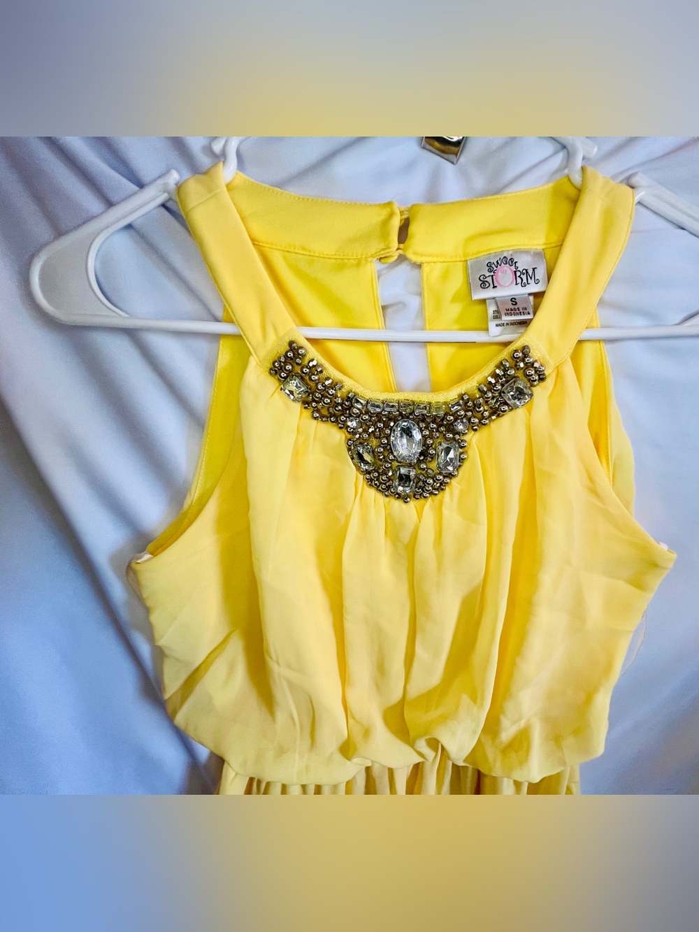 Yellow Chiffon Halter Maxi Long Dress Rhinestone Crystal Neck Embellished High